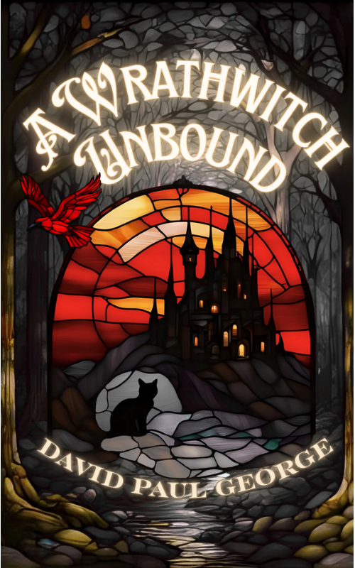 A Wrathwitch Unbound book cover. The cover shows a portal through a darkened forest, beyond which is malevolent orange sky outlining a black castle, a small cat silhouetted before it.