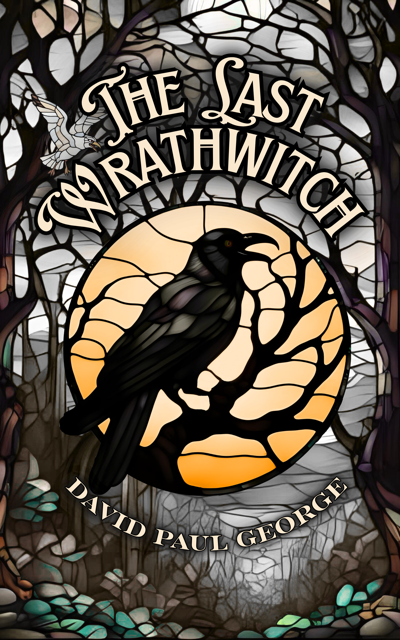 The Last Wrathwitch book cover, a crow in front of the moon, with a stylized creepy forest background
