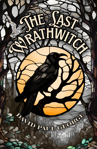 The Last Wrathwitch book cover, a crow in front of the moon, a stylized creepy forest background